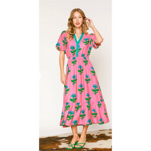 Umgee Midi Floral Dress Womens M Pink-Blue Rose Cottage Coquette Barbiecore